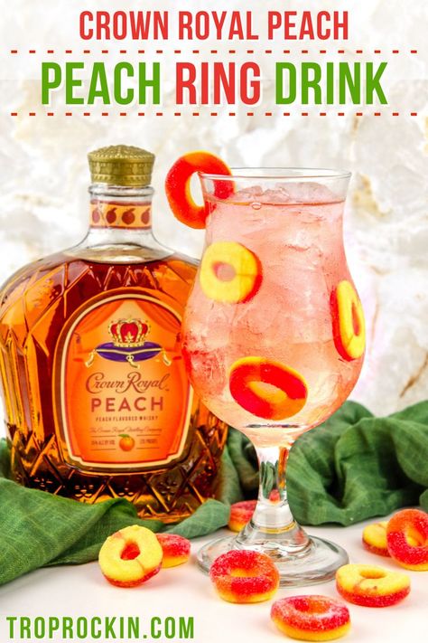 Peach Ring Drink, Crown Peach Drinks, Crown Drinks, Crown Royal Recipes, Crown Drink, Crown Royal Peach, Peach Tea Recipe, Crown Royal Drinks, Peach Ring