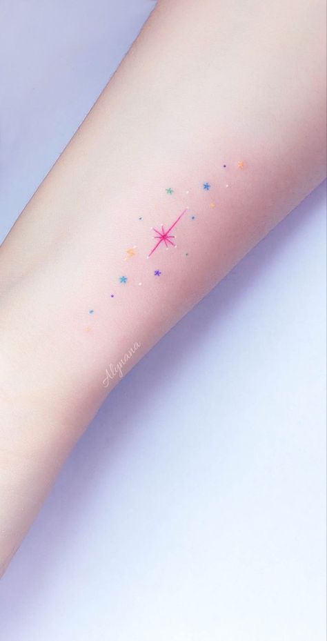 Blue Sparkle Tattoo, Pastel Star Tattoo, Sparkle Tattoo Color, Rainbow Dots Tattoo, Rainbow Stars Tattoo, Colorful Sparkle Tattoo, Colorful Stars Tattoo, Colorful Star Tattoos, Rainbow Star Tattoo