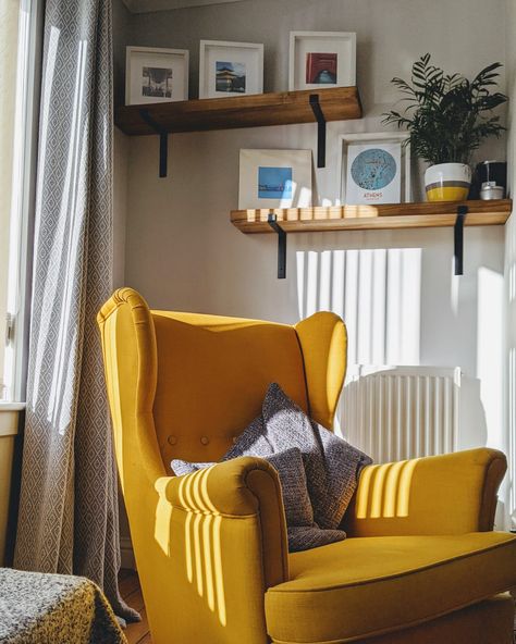 Yellow Reading Chair, Yellow Chair Living Room Ideas, Yellow Chair Bedroom, Yellow Armchair Living Room, Ikea Yellow Chair, Yellow Chair Living Room, Yellow Accent Chairs, Yellow Armchair, Small Lounge