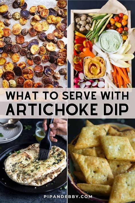 Pinterest 4 picture collage for what to serve with artichoke dip. Hot Artichoke Dip, Cold Dip Recipes, Bread Bowl Recipe, How To Cook Artichoke, Oven Roasted Sweet Potatoes, Slow Cooker Appetizers, Cold Dips, Delicious Dips Recipes, Artichoke Dip Recipe