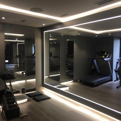 Modern Home Gym, Home Gym Mirrors, Luxury Home Gym, Kids Basement Ideas, Dream Home Gym, Gym Design Interior, House Gym, Luxury Gym, Workout Room Home