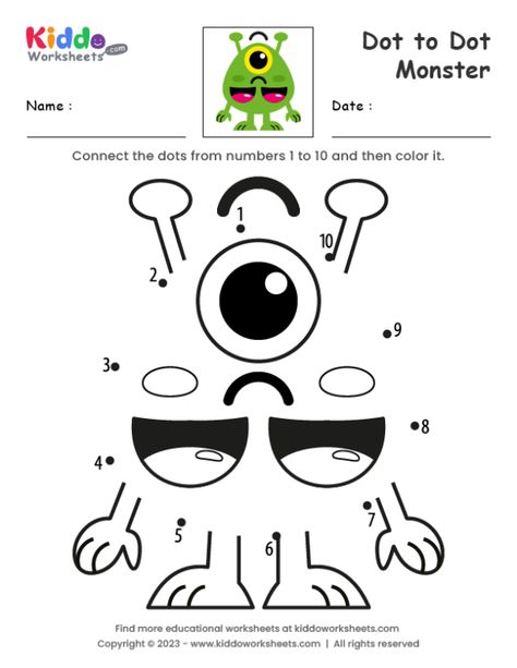 Monster Worksheet, Free Printable Dot To Dot, Printable Dot To Dot, K Dot, Dot Worksheets, Dot To Dot, The Dot, Educational Worksheets, Learning Numbers