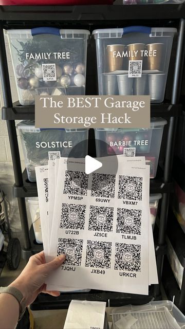 Lela Burris on Instagram: "Up your garage storage game with QR code labels. When paired with their mobile app, you can scan to find out the contents or search the app for an item to know where it is. Perfect for seasonal decor!  #organizinghacks #storagehacks #organizationhacks #organization #garageorganization #organizingideas #garagegoals" Labeling Garage Storage Bins, Storage Labels Ideas, Qr Code Organization, Qr Code Storage Labels, Garage Bin Labels, Qr Code Label, Storage Bin Labels, Basement Storage Organization, Garage Storage Bins