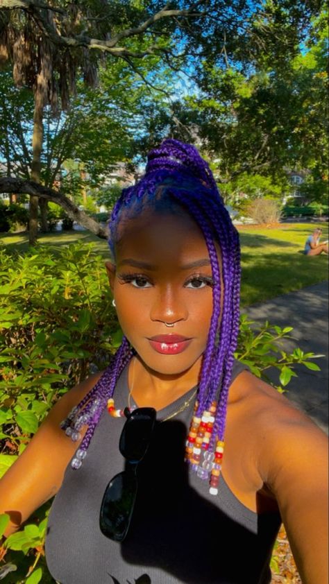 Purple braids with beads Purple Box Braids With Beads, Short Purple Braids, Purple Braids With Beads, Purple Braids For Black Women, Coloured Braids, Braids Beads, Bantu Knot Hairstyles, Purple Braids, Natural African American Hairstyles