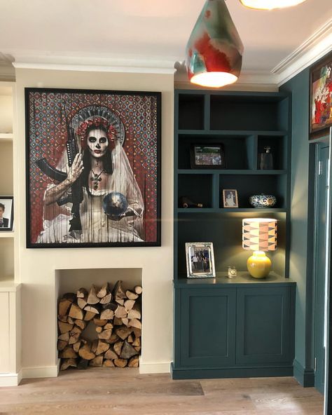 Alcove unit fitted and painted in Hague blue. #1930s #1930srenovation #alcoveunits #art #farrowandball #interiordesign #londoncarpenter #cabinetmakers #shelving #houserenovation #livingroom #designs #bespokefurniture #southlondon #shaker #lamp #fitted #cupboards #storage #woodworking #handpainted #homefurniture #mediaunit #tvunit Fitted Cupboards, Bookshelf Bar, Cupboard Living Room, Alcove Units, Alcove Cabinets, Alcove Shelves, Alcove Storage, Alcove Shelving, Nest Ideas