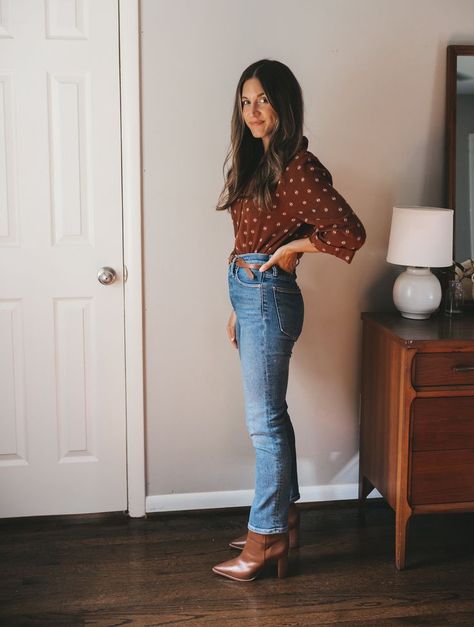 ashley wearing a rust colored peasant blouse, medium wash straight leg jeans, and brown ankle boots standing next to a vintage wood dresser with a white table lamp Ankle Boot Outfit Ideas, Styling Ankle Boots, Boot Outfit Ideas, Ankle Boots Outfit Fall, Fall Style Inspiration, Dressy Fall Outfits, Boston Outfits, Outfit Ideas For Fall, Boots Fall Ankle