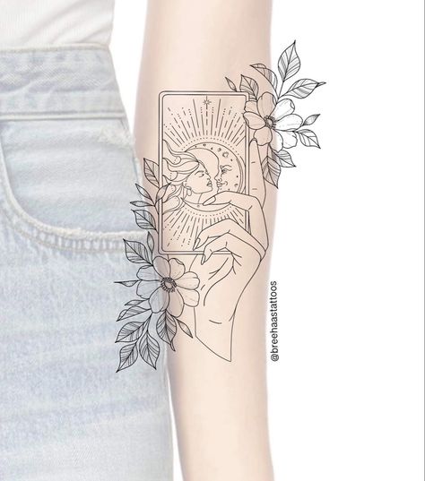 Tarot card tattoo floral tattoo hand tattoo floral design by @breehaastattoos feminine tattoo line work tattoo Tattoo Floral Design, Tattoo Line Work, Tarot Tattoo, Tarot Card Tattoo, Tattoo Floral, Card Tattoo Designs, Tattoo Line, Work Tattoo, Theme Tattoo