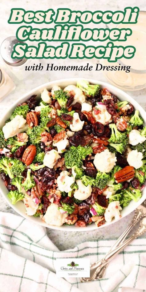 Broccoli Cauliflower Cranberry Salad with Bacon is the best broccoli salad recipe for any occasion! This vibrant winter salad is perfect for Christmas or holiday salad, featuring crisp broccoli and cauliflower, sweet-tart cranberries, smoky bacon, and crunchy pecans. Tossed in a creamy homemade dressing, it’s a delicious make-ahead salad that’s easy to prepare and perfect for a crowd. Save this pin for later and add it to your holiday menu for a colorful, crowd-pleasing side dish! Broccoli Cauliflower Salad With Raisins, Southern Living Broccoli Salad, Easy Broccoli Cauliflower Salad, Broccoli Pomegranate Salad, Cauliflower And Broccoli Salad Recipes, Easy Healthy Broccoli Salad, Winter Broccoli Salad, Christmas Broccoli Salad, Easy Salad Recipes For A Crowd