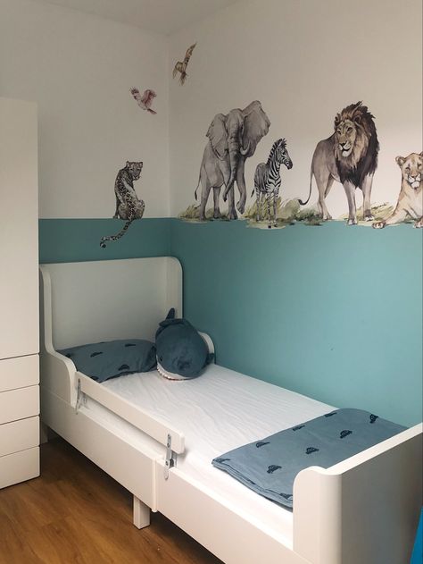 Neutral boy nursery room safari animal ikea blue stickers Safari Nursery Blue, Boys Animal Bedroom, Safari Boys Room, Blue Safari Nursery, Duck Egg Blue Bedroom, Neutral Boy Nursery, Neutral Kids Room, Blue Stickers, Animal Bedroom