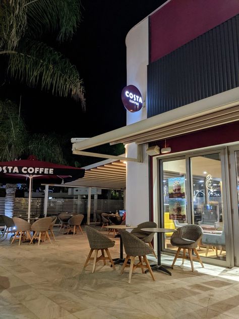 Costa coffee coffee shop in cyprus protaras at night , palm tree, aesthetic Costa Cafe, Outdoor Coffee Shop, Cafe Vibes, Costa Coffee, Coffee Latte, Summer Night, Pune, Summer Nights, Night Time