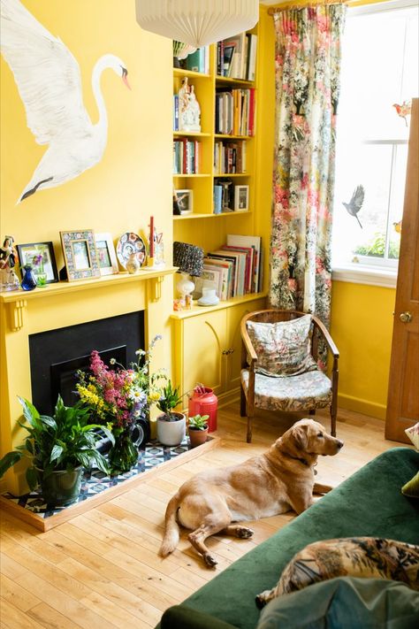 Yellow Sitting Room, Babouche Farrow And Ball, Interior Design Ideas For Small Spaces, Colourful Walls, Yellow Walls Living Room, Snug Ideas, Farrow And Ball Living Room, Dining Room Wall Color, Living Room Colours