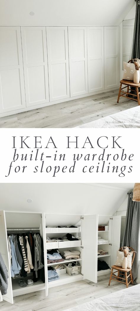 Slanted Ceiling Bedroom, Sektion Cabinets, Sloped Ceiling Bedroom, Ikea Sektion Cabinets, Ikea Sektion, Built In Wardrobes, Attic Bedroom Storage, Slanted Walls, Closet Diy