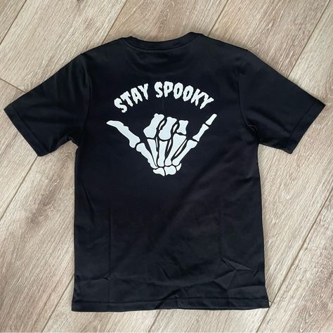 Stay Spooky Tee Available In Black Or White With Opposite Color Design Halloween Tshirt Designs, Creek Design, Halloween Shirts For Boys, Halloween Shirt Design, Halloween Tee Shirts, Halloween Shirts Kids, Event Shirts, Kids Tee Shirts, Boo Shirts