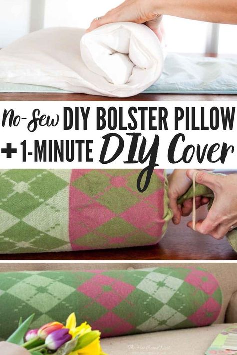 DON'T BUY! DIY a bolster pillow PLUS a cover in under 5-minutes, made with items you ALREADY own! Here's how! #bolsterpillow #bolsterpillowDIY #bolsterpillows #nosewbolsterpillow #nosewpillowcover #nosewbolstercover #bolsterpillowposts #howtomakeabolsterpillow #bolsterpillowtutorial #upcycling #repurpose #nosewpillow #5minutecraft #heatherednest Bolster Pillow Diy, Diy Bolster Pillow, No Sew Pillow Covers, Bolster Pillow Cover, Diy Pillow, Diy Pillow Covers, Bolster Pillows, Bolster Covers, Pillow Tutorial