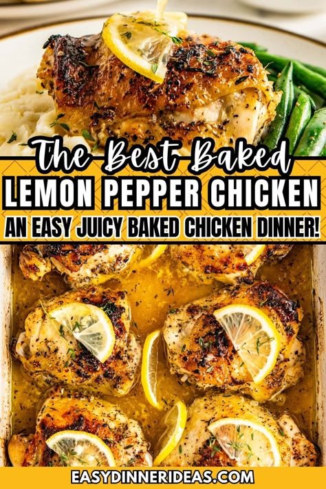 Seasoned with zesty lemon, fresh thyme and lots of cracked black pepper, this baked lemon pepper chicken recipe is super juicy with crispy, flavorful skin. While it looks impressive, it is actually a breeze to make and you probably have most of the ingredients on hand. Since you can fully prep it the day before, it's a great easy dinner idea for guests! Lemon Pepper Chicken Legs Baked, Lemon Pepper Chicken Oven Baked, Easy Lemon Pepper Chicken Baked, Chicken Thigh Recipes Lemon Pepper, Baked Chicken Recipes Lemon, Lemon Pepper Rotisserie Chicken Recipes, Lemon Pepper Chicken Legs In Oven, Lemon Pepper Chicken And Potatoes, Whole Chicken Breast Recipes