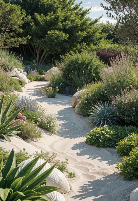 Sand Garden Ideas, Sardinia House, Beach Garden Design, Aesthetic Gardens, Crafting Aesthetic, California Landscaping, Sand Garden, Garden Sanctuary, Plant Arrangements