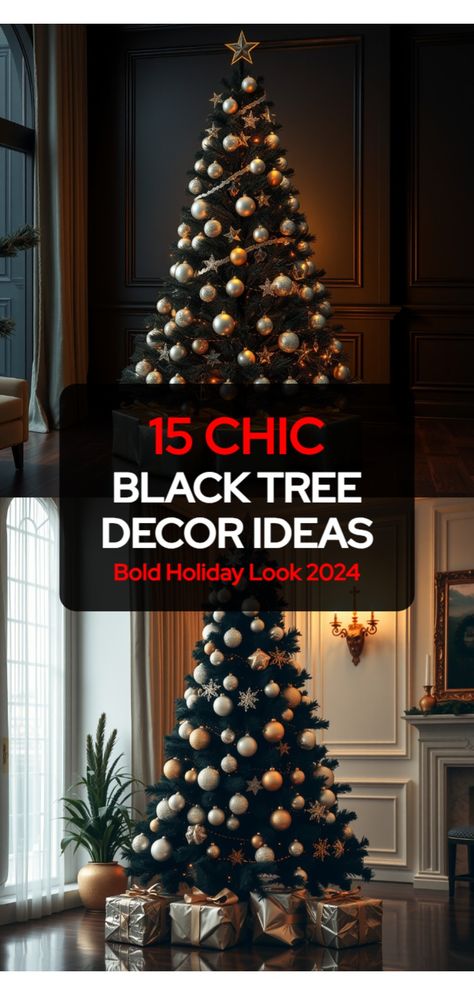 black Christmas tree decoration ideas Black Xmas Tree, Purple Christmas Tree Decorations, Retro Holiday Cards, Black Christmas Tree Decorations, Black Christmas Decorations, Christmas Tree Decoration Ideas, Tree Decoration Ideas, Black Christmas Tree, Nightmare Before Christmas Decorations