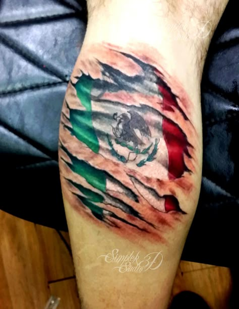 3D tattoo on calf Mexican flag Mexico Flag Tattoo, Mexican Flag Tattoos, Black Flag Tattoo, Mexico Tattoo, Small Wave Tattoo, Mayan Tattoos, Mexican Tattoo, Mexican Art Tattoos, Aztec Tattoo Designs