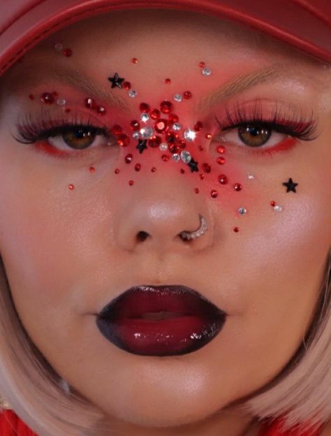 Glitter Blood Makeup, Rhinestone Blood Makeup, Red Gem Makeup, Red Rhinestone Makeup, Pomegranate Makeup, Blood Makeup Look, Red Glitter Makeup, Valentines Fashion, Blood Makeup