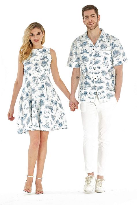 Couple Matching Hawaiian Luau Cruise Outfit Shirt Vintage Dress Classic White Luau Party Outfit, Luau Shirts, Luau Outfits, Couple Matching Outfits, Vintage Girls Dresses, Vintage Tropical, Couple Dress, Cruise Outfits, Matching Couple Outfits