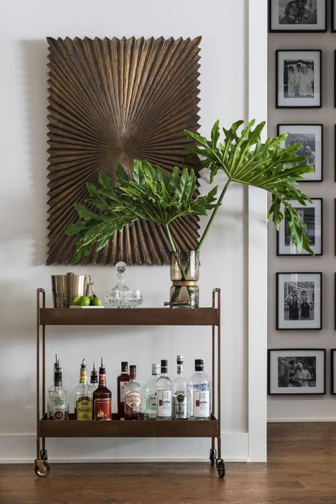 Rustic Bar Cart, Storage Inspiration, Bar Cart Styling, Perfect Coffee Table, Brass Bar, Rustic Dining Room, Bar Cart Decor, Farmhouse Style House, Wall Sculpture