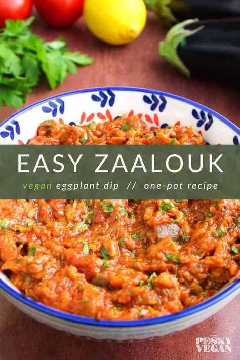 This delicious eggplant zaalouk recipe combines toasted seeds with fresh herbs and lemon for a one-pot dish that's vegan and gluten-free. #vegan #vegandip #auberginedip #eggplantdip #zaalouk #glutenfree Zalook Dip, Zaalouk Recipe, Vegetarian Inspiration, Vegan Appetizers Recipes, Fast 800, Vegan Eggplant, Eggplant Dip, Vegan Dip, Vegan Entree