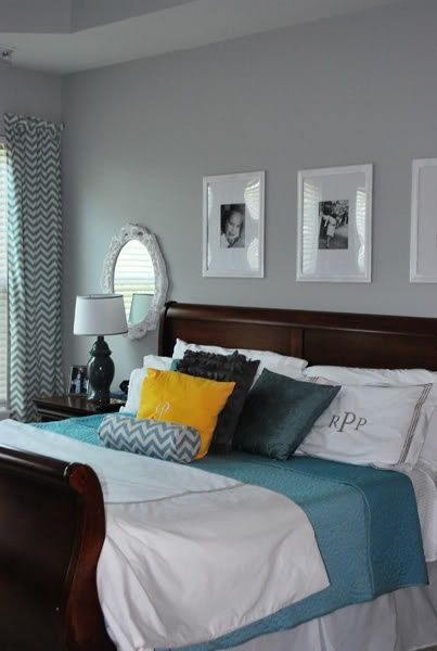 modern jane: The Perfect Grey Paint.  Stonington grey benj m Dark Wood Sleigh Bed, Bedroom Dark Wood Furniture, Bedroom Dark Wood, Striped Walls Horizontal, Duck Egg Bedroom, Light Brown Bedrooms, Duck Egg Blue Bedroom, Perfect Grey Paint Color, Wood Sleigh Bed