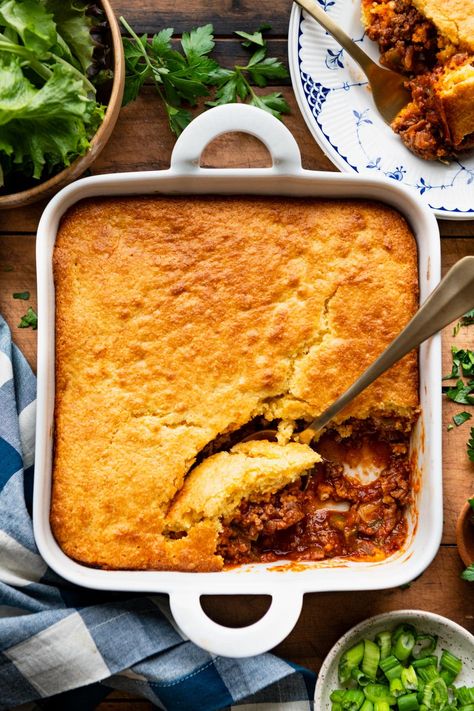 This Sloppy Joe cornbread casserole is an easy dinner recipe that the entire family will love! An affordable sweet and tangy ground beef filling is finished with a golden brown Jiffy cornbread topping. Serve the casserole with a simple green salad for a quick weeknight meal! Sloppy Joe Cornbread Casserole, Sloppy Joe Cornbread, Cornbread Topping, Jiffy Mix Recipes, Cornbread Casserole Recipe, Sloppy Joe Casserole, Homemade Sloppy Joes, The Seasoned Mom, Cornbread Casserole