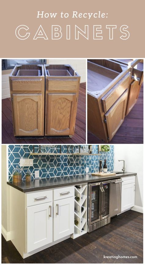 Trying to decide what to do with your old kitchen cabinets? You're in luck! We're giving you all the details on how we recycled these old kitchen cabinets into a fabulous new wine bar! Upcycle Kitchen Cabinets, Repurposed Kitchen Cabinets, Upcycle Kitchen, Kitchen Renovation Diy Ideas, Repurposed Kitchen, Recycled Kitchen, Old Kitchen Cabinets, Shaker Style Cabinets, Diy Kitchen Renovation