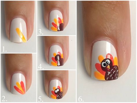 Turkey French Tip Nails, Turkey Nail Art Step By Step, Nail Art Turkey, Thanksgiving Nail Ideas Turkey, Turkey Nails Holiday, Turkey Gel Nails, Thanksgiving Nails For Kids Easy, Basic Thanksgiving Nails, Kids Thanksgiving Nails