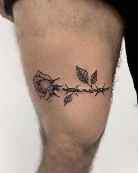 Barbed wire rose. 🥀⛓ Thanks Tommy! 🙏🏼 . . . . . #Rose #RoseTattoo #BarbedWire #LA #Details #Linework #SingleNeedle #Fineline #Micro… | Instagram Flower With Barbed Wire Tattoo, Tattoo Ideas For Men Barb Wire, Barbed Wire Hip Tattoo, Rose With Barbed Wire Tattoo, Barb Wire Rose Tattoo, Barbwire Rose Tattoo, Barbed Wire Rose Tattoo, Barb Wire Tattoo, Tatoo Rose