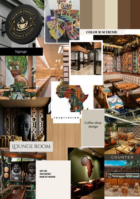 Restaurant Moodboard Interiors, African Theme Restaurant, Modern African Restaurant Design, Cafe Mood Board Inspiration, Resturant Board Design, African Inspired Restaurant Decor, African Restaurant Design Interiors, African Coffee Shop, African Mood Board