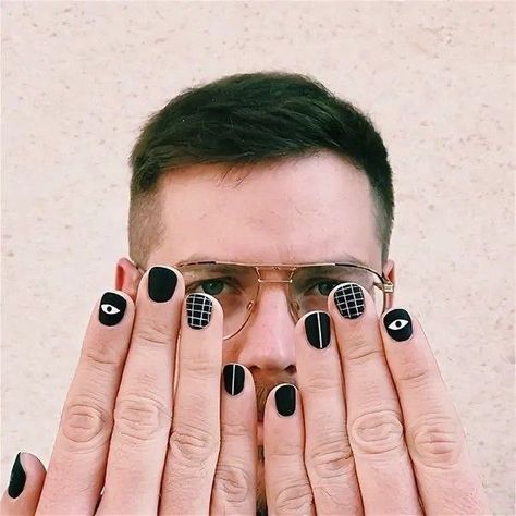 Men’s Nail Art Black, Black Nail Designs For Men, Men Nails Black, Mens Black Nails, Simple Male Nail Art, Mens Nails Art, Nail Art For Men Black, Black Nails For Men, Masculine Nail Art Men