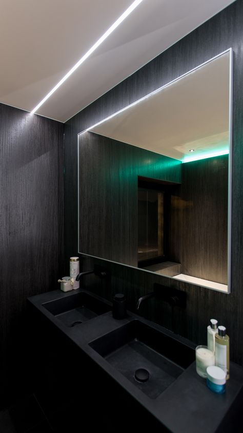 Bathroom Led Strip Lighting, Bathroom Led Lighting Ideas, Bathroom Mood Lighting, Led Strip Bathroom, Bathroom Led Lighting, Wc Bathroom, Hidden Lighting, Bathroom Led, Bathroom Stall