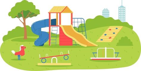 Children Playground, Casual Art, Children Park, School Playground, Kids Story Books, Kids Playground, Children Illustration, Vector Photo, Carousel