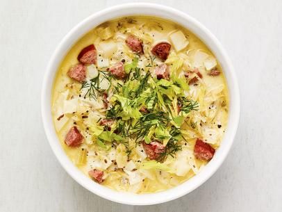 Potato and Sauerkraut Soup with Kielbasa Recipe | Food Network Kitchen | Food Network Potato And Sauerkraut Soup With Kielbasa, Potato Sauerkraut Soup, Soup With Kielbasa, Pierogies And Kielbasa, Grilled Kielbasa, Kielbasa Recipe, Kielbasa Soup, Kielbasa And Potatoes, Foil Packet Potatoes