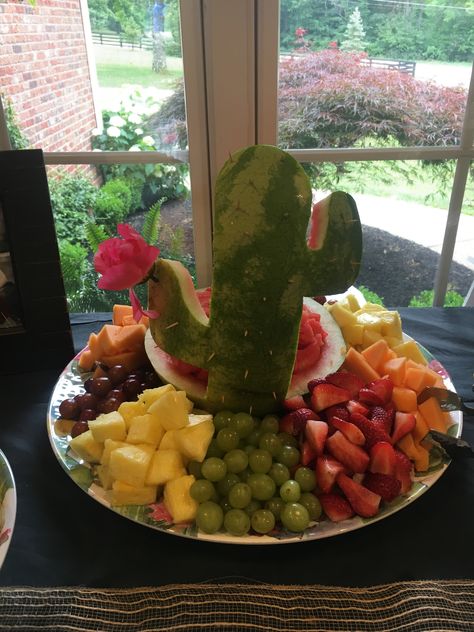 Cactus Party Fiesta Party Food Table, Watermelon Cactus Fruit Bowl, Cactus Themed Snacks, Diy Cactus Decor Party, Cactus One Year Old Party, Cactus Fruit Tray, Pink Cactus Party, Desert Decorations Party, Two Spicy Birthday Party