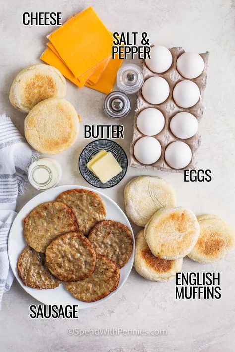 A savory breakfast sandwich is a perfect start to any day! This high-protein meal is the best for batch cooking. Crusty English muffins taste great with eggs, cheese, and sausage rounds. So easy, versatile, and delicious. Skip the drive-through and make this tasty breakfast to go! #breakfastsandwich #makeahead #spendwithpennies #freezerfriendly Breakfast Sandwich Make Ahead, Homemade Breakfast Sandwich, Healthy English Muffin, Sausage Egg Sandwich, Sausage Sandwich Recipes, English Muffins Sandwich, English Muffin Breakfast Sandwich, Sausage Breakfast Sandwich, Breakfast To Go