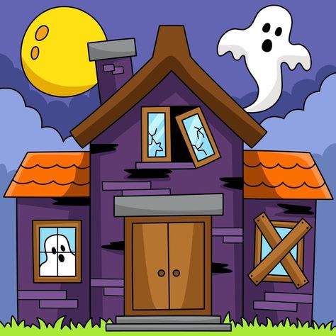 Haunted House Halloween Colored Illustration School Volunteer, Haunted House Halloween, Casa Halloween, House Cartoon, Spooky House, Minecraft Blueprints, House Illustration, Halloween Haunted Houses, House Drawing