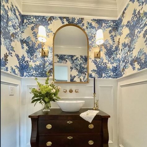 Beaut Interiors on Instagram: "Beaut Interiors was tasked to renovate this powder room. Thibaut's Central Park in blue and green is the true gem setting off the beautiful antique chest and the brass fixtures. It is truly wonderful to see the final space come together! #thibaut #williamsburgva #beautinteriors #interiordesign #bathroomremodel #thibautwallpaper" Thibaut Powder Room, Thibaut Central Park Wallpaper, Thibaut Living Room, Thibaut Wallpaper Bathroom Botanical, Thibaut Cornelia Wallpaper, Thibaut Wallpaper Dining Room, Blue And White Powder Room, Blue Powder Room Ideas, Green Wallpaper Ideas