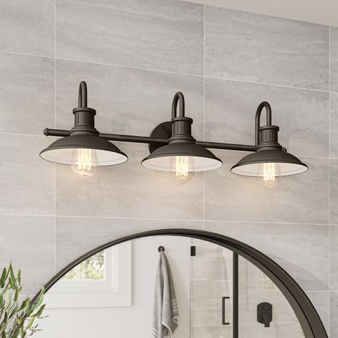 Williston Forge Deandre 3 - Light Dimmable Vanity Light & Reviews | Wayfair Black Lighting Fixtures Bathroom, Bathroom Lighting Over Round Mirror, Modern Farmhouse Vanity Lighting, Bathroom Vanity Lighting Over Mirror, Black Bathroom Lighting, Modern Farmhouse Bathroom Lighting, Bathroom Lighting Over Mirror, Farmhouse Bathroom Light Fixtures, Farmhouse Bathroom Lighting