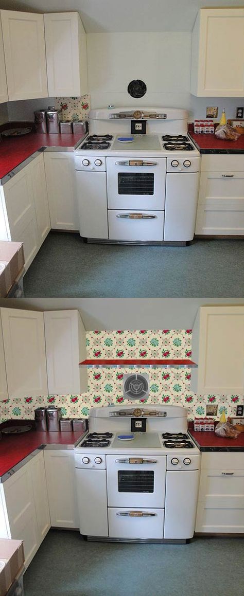 Deb's charming vintage kitchen remodel includes red linoleum counter tops, a green linoleum floor and vintage stove -- should she wallpaper the backsplash? Red Countertops, She Wallpaper, 1950’s Kitchen, 1950s Home Decor, Vintage Stove, Vintage Kitchen Remodel, Retro Kitchens, Vintage Style Wallpaper, Vintage Kitchens