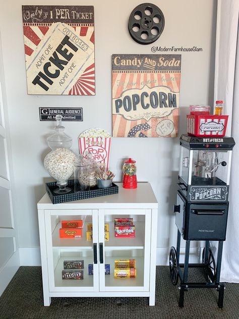 Movie room, theater room, kid popcorn, candy, snacks, family room furniture, modern farmhouse glam, media room Home Theater Room Accessories, Cinema Living Room Decor, Movie Theater Popcorn Machine, Man Cave Ideas Game Room, Media Room Popcorn Bar, Movie Theatre Living Room Ideas, Movie Theater Wall Decor, Movie Room Design Ideas, Popcorn Wall Decor