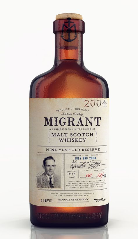 Migrant Whiskey Packaging, Whiskey Label, Whiskey Brands, Alcohol Packaging, Vintage Packaging, Creative Package, Scotch Whiskey, Packaging Labels Design, Beverage Packaging