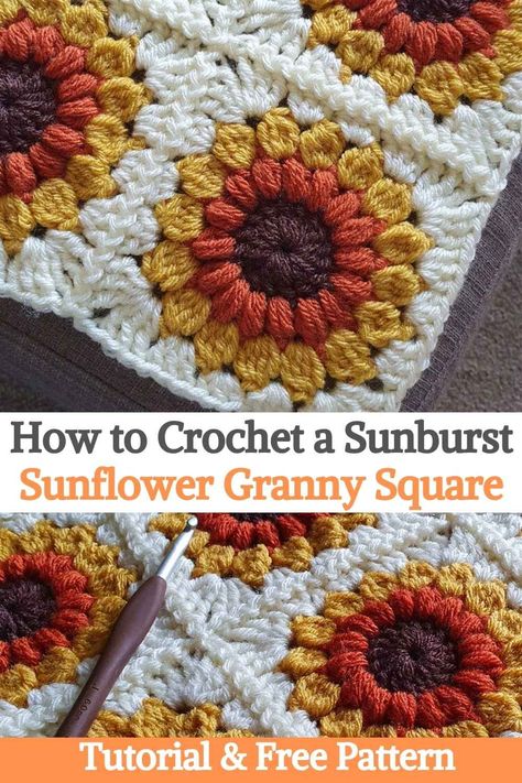 Crochet Round Granny Square, Two Color Granny Square, Make A Tablecloth, Sunflower Tutorial, Sunflower Granny Square, Beautiful Cushions, Sunburst Granny Square, Granny Square Crochet Patterns Free, Sunflower Colors