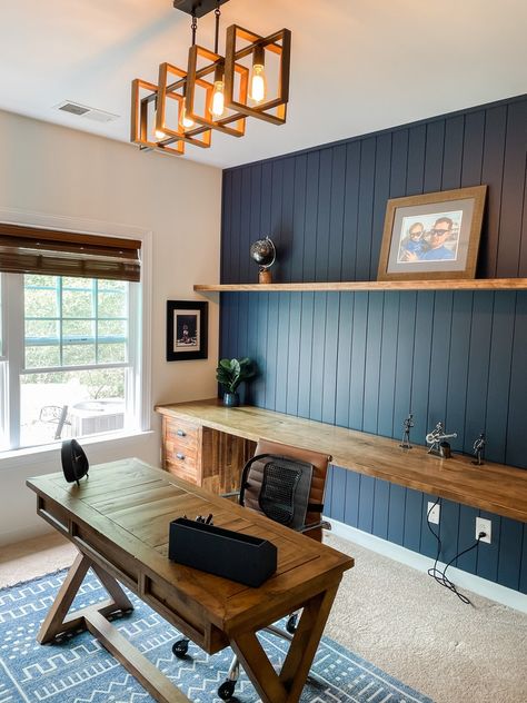 Rustic Blue Shiplap Office With Guitar Display.  The beautiful touches of woods and blue accent wall gave this office so much textures. The display of the guitars were a unique diy specific for this office. Home Office Husband, Accent Wall With Desk, Mens Office Accent Wall, Man Office Accent Wall, Shiplap Wall Office Decor, Shiplap Office Wall Ideas, Home Office Shiplap Wall, Tile Accent Wall Office, Mens Office Wall Colors