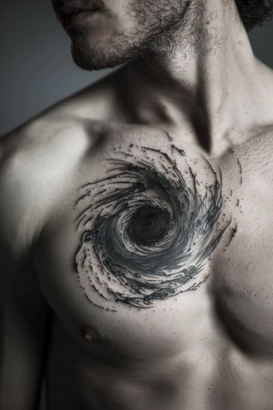 23+ Creative Space & Galaxy Tattoo Ideas Space Chest Tattoo Men, Super Nova Tattoo, Sonder Tattoo Ideas, Galaxy Tattoo Ideas, Interstellar Tattoo, Black Hole Tattoo, Black Holes And Revelations, Nebula Tattoo, Revelation Tattoo