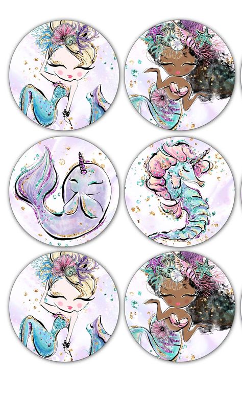 Mermaid Cupcake Toppers Printable Free, Mermaid Stickers Printable, Mermaid Party Printables, Mermaid Party Decor, Holiday Card Display, Mermaid Cupcake Toppers, Sweet 16 Centerpieces, Mermaid Cupcakes, Mermaid Clipart