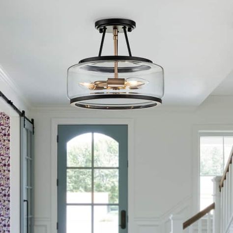 3 - Light Industrial-style Black Lantern Glass Semi Flush Mount - On Sale - Bed Bath & Beyond - 37280123 Entry Way Hallway, Semi Flush Mount Light, Living Room Entry, Entry Lighting, Hall Lighting, Industrial Style Lighting, Black Lantern, Entryway Lighting, Light Decor