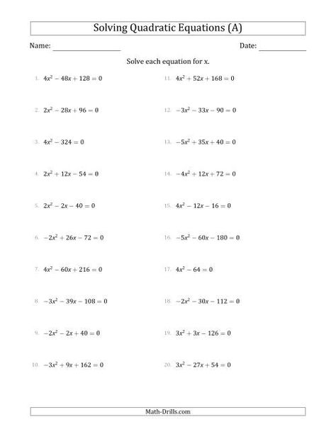 The Solving Quadratic Equations with Positive or Negative 'a' Coefficients of 1 with a Common Factor Step (A) Math Worksheet Fact Family Worksheet, Thanksgiving Math Worksheets, Money Math Worksheets, Number Sense Worksheets, Multiplication Facts Worksheets, Halloween Math Worksheets, Integers Worksheet, Christmas Math Worksheets, Solving Quadratic Equations